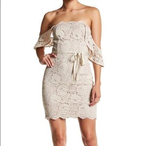 COPY - NWT Beige floral lace dress with off shoulder detail and tie for cinched…